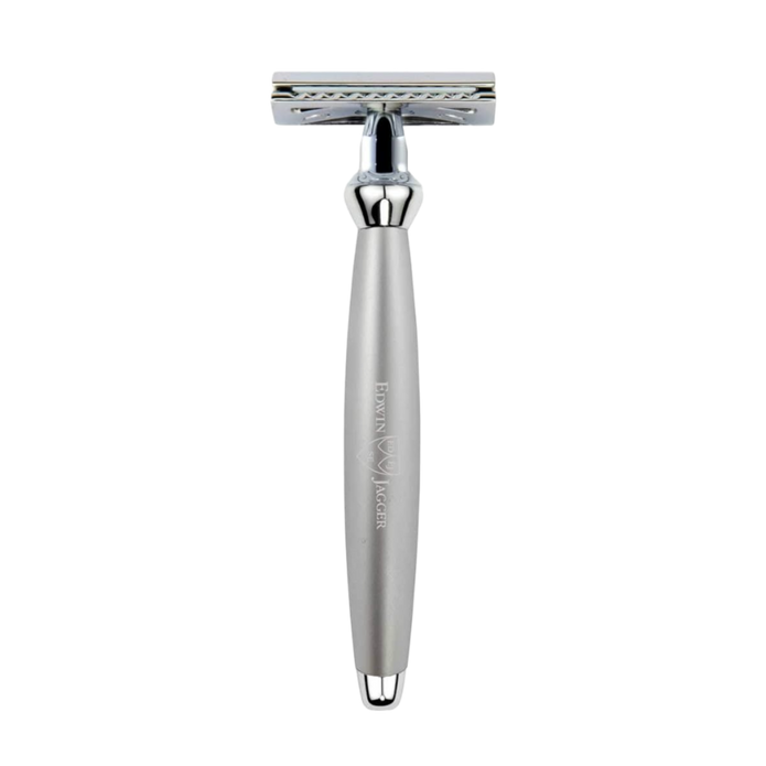 Edwin Jagger – Bulbous Satin Chrome DE Safety Razor & 5 Free Feather Blades