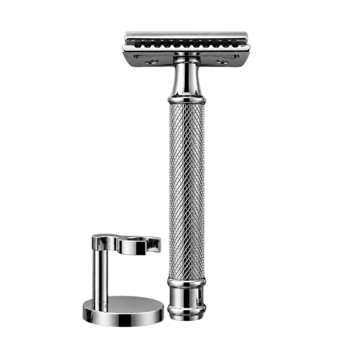 Skeermes - The Sentinel Silver DE Safety Razor with Hanging Stand