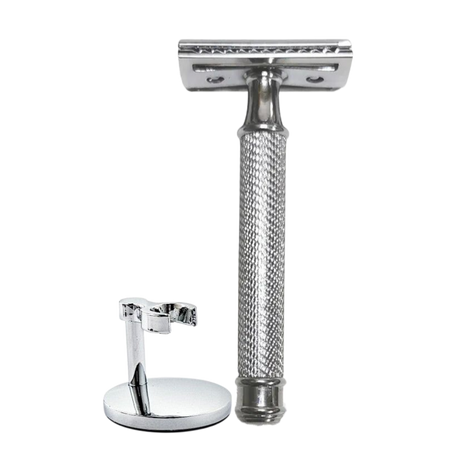 Skeermes - The Sentinel Silver DE Safety Razor with Hanging Stand